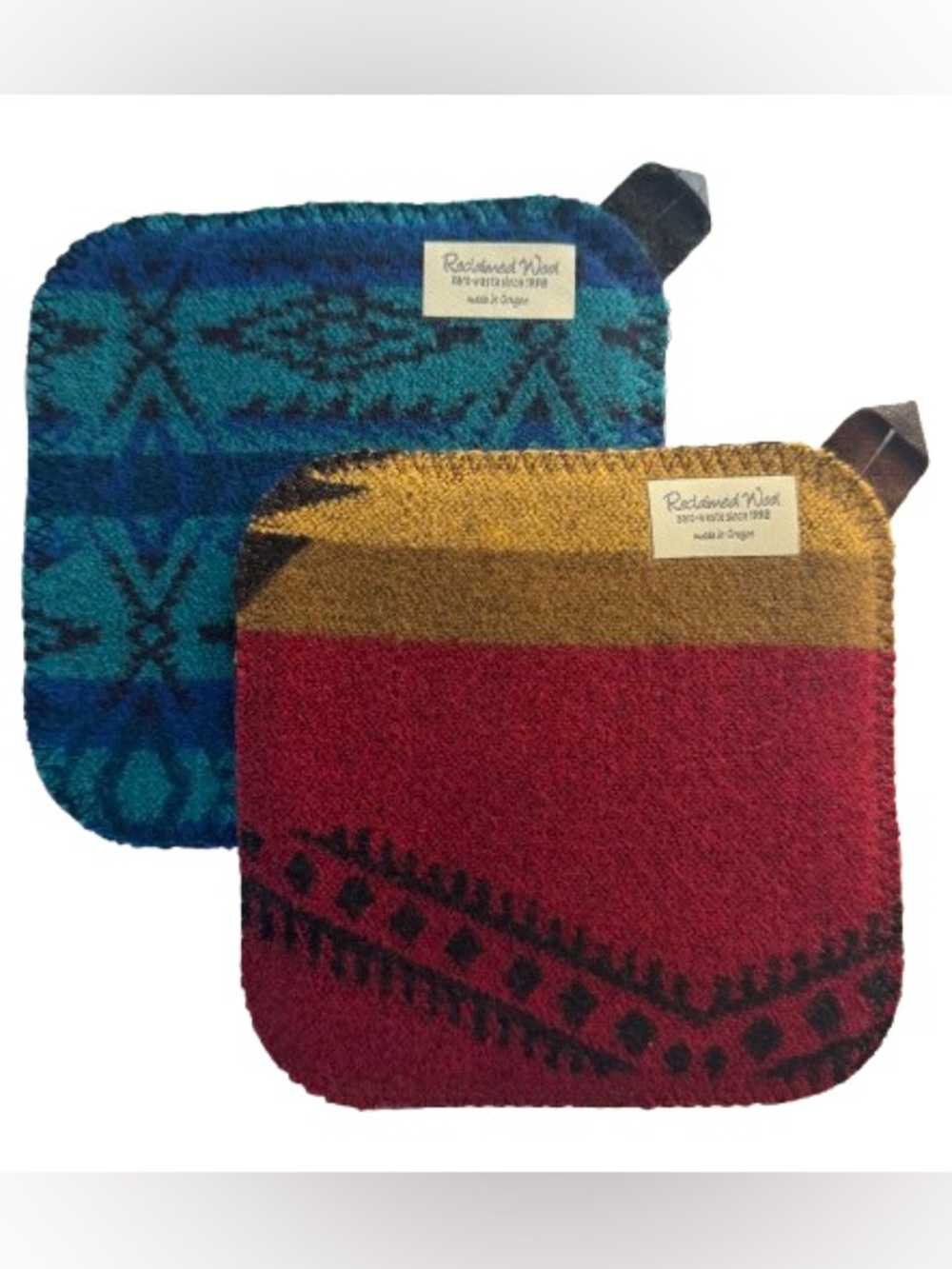 Pendleton Reclaimed Wool Leather Set of 2 Potholders Made in Oregon Blue Red